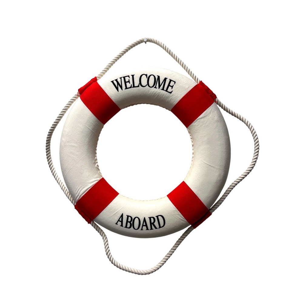 Welcome Aboard Life Ring Buoy Nautical Wall Decor 14" Red White Beach House Pool